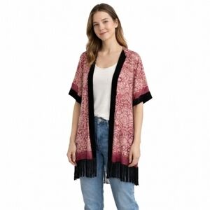 Anthropologie Petticoat Alley Velvet Fringed Kimono Open Front Cardigan Duster